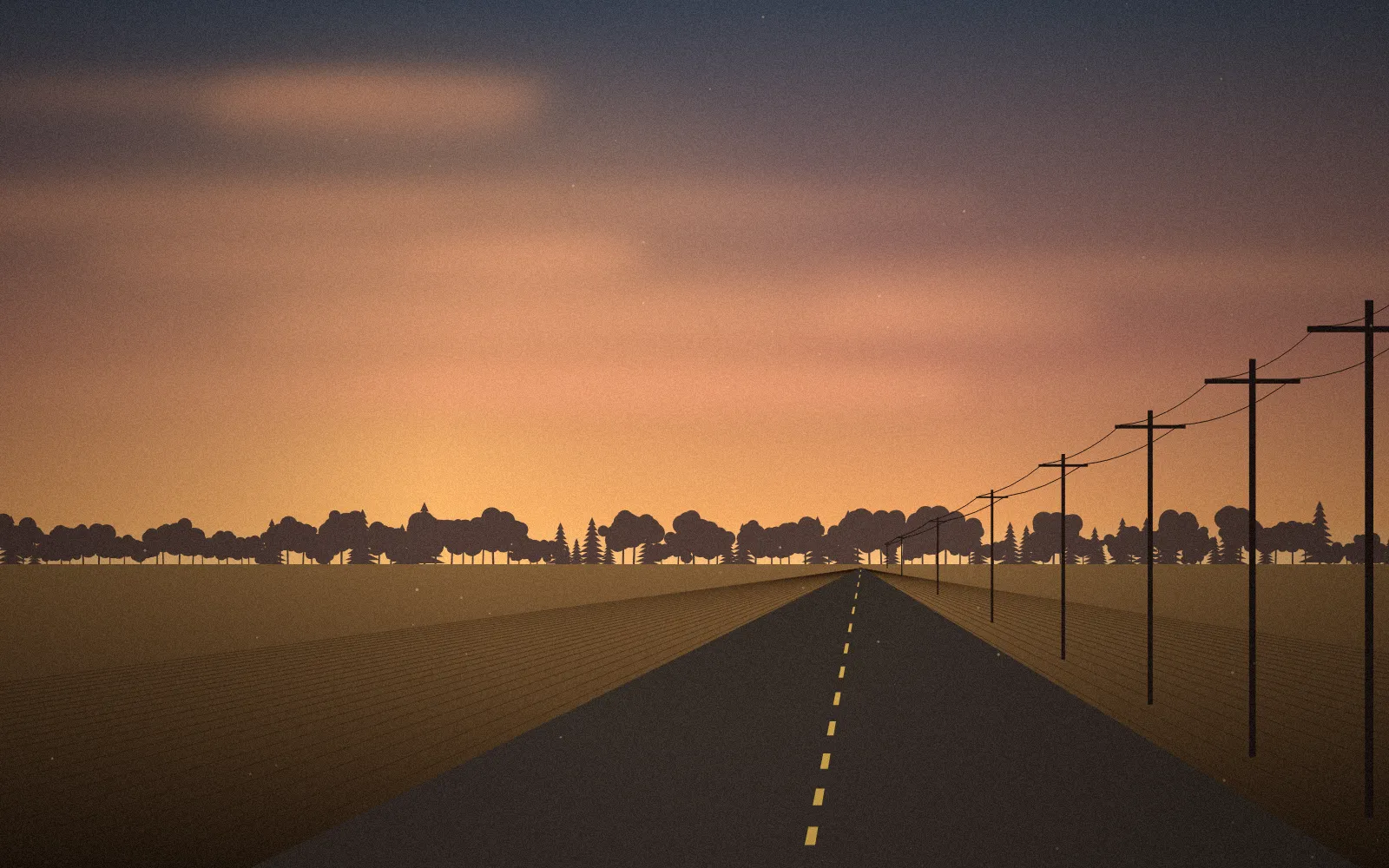 A two-lane country road under a sunset sky, telephone poles running beside it