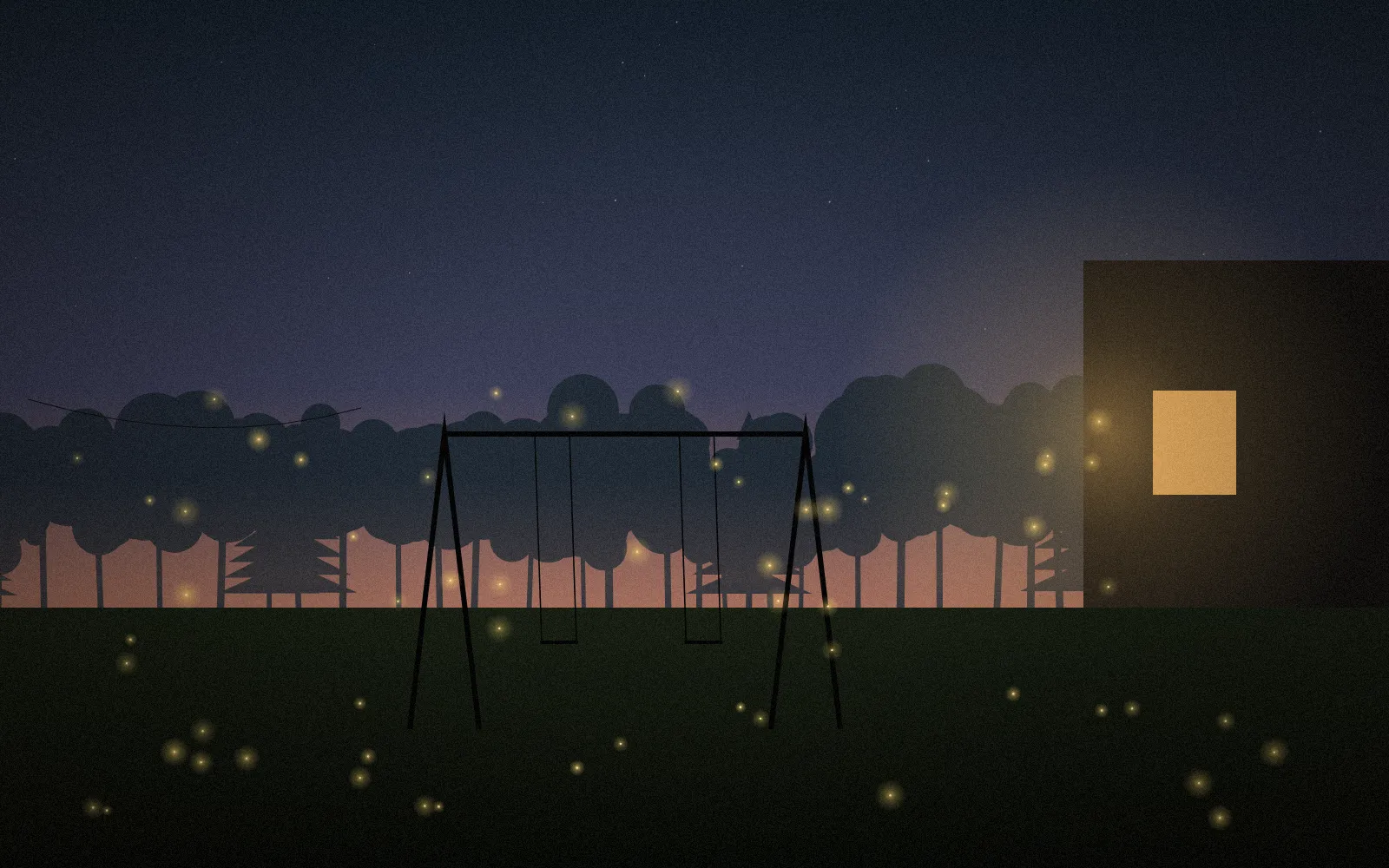 A backyard swing set at dusk with fireflies and a lit porch window