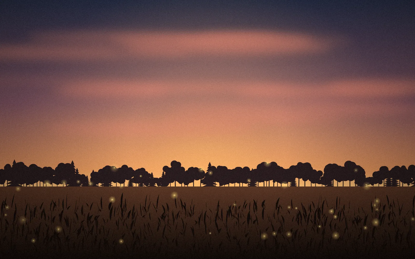 A wide summer evening sky glowing orange over a field with fireflies