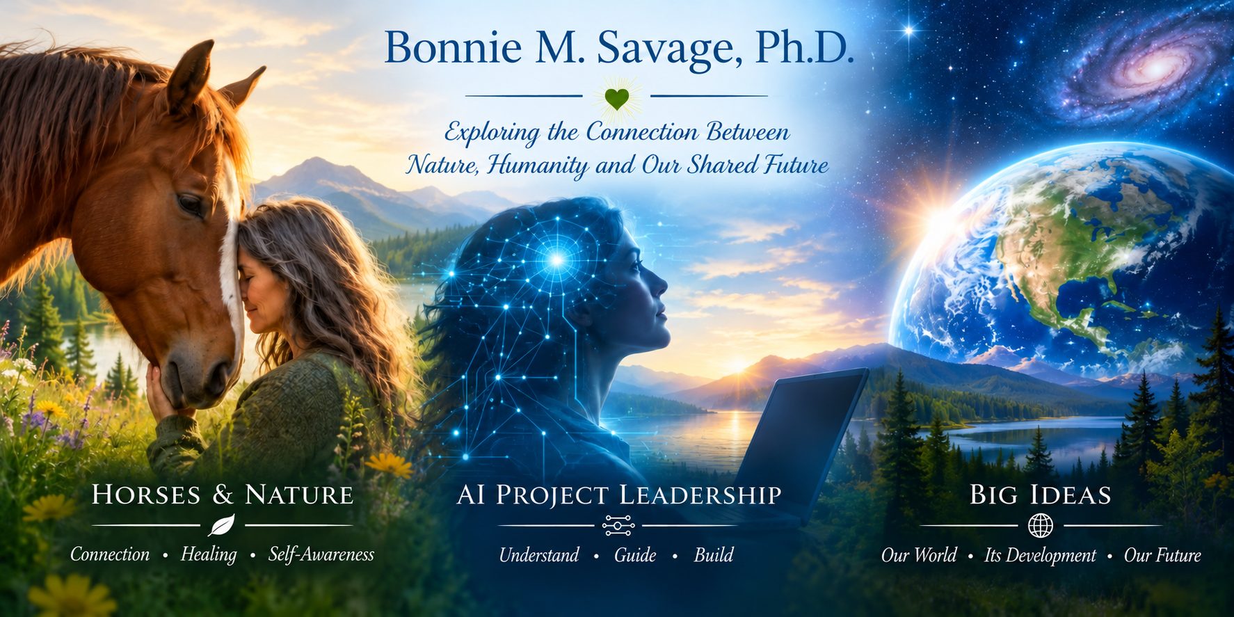 A woman rests her forehead against a chestnut horse in a wildflower meadow; at the center, a woman's profile glows with a network of light beside a laptop; on the right, Earth hangs in a starry sky. One lake and mountain landscape joins all three, with the words Horses and Nature, AI Project Leadership, and Big Ideas.